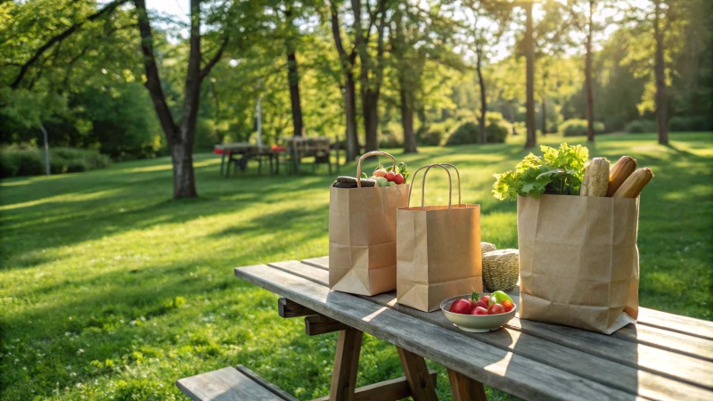 Various kraft paper bags on a wooden table in a green park