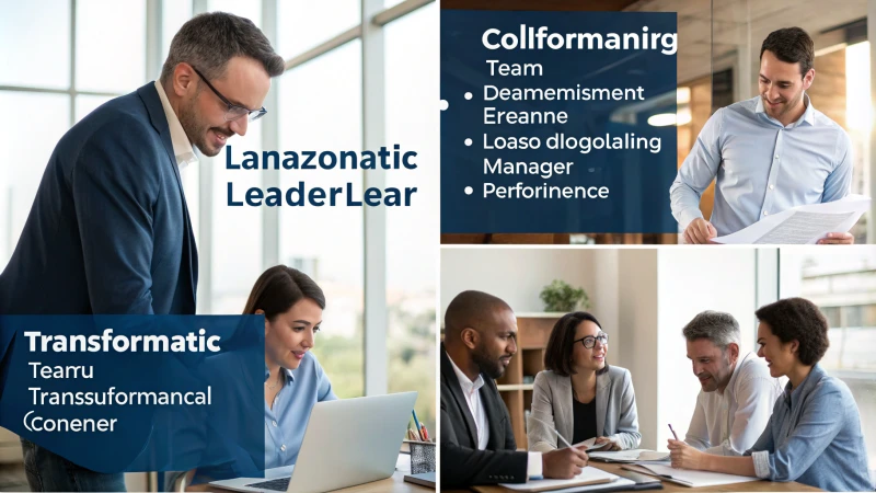 A photorealistic collage of various leadership styles in an office setting.