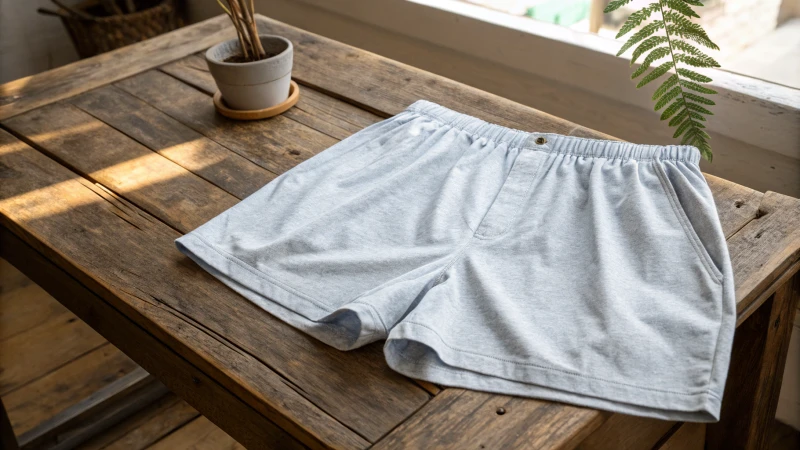 Light breathable boxer shorts on a rustic wooden table