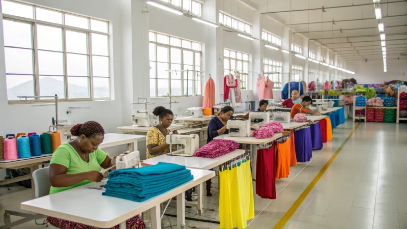 Interior of a lingerie manufacturing facility with workers at sewing machines