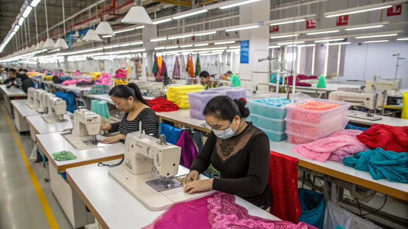 Workers sewing lingerie in a clean manufacturing facility