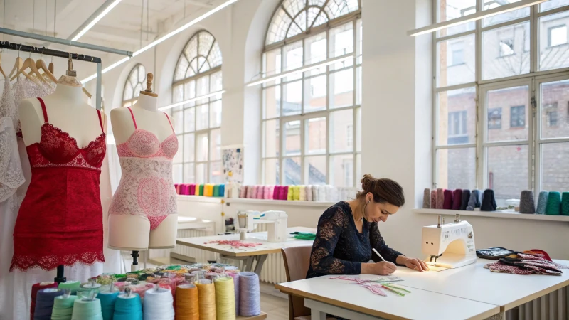 Seamstress sewing lingerie in a bright workshop