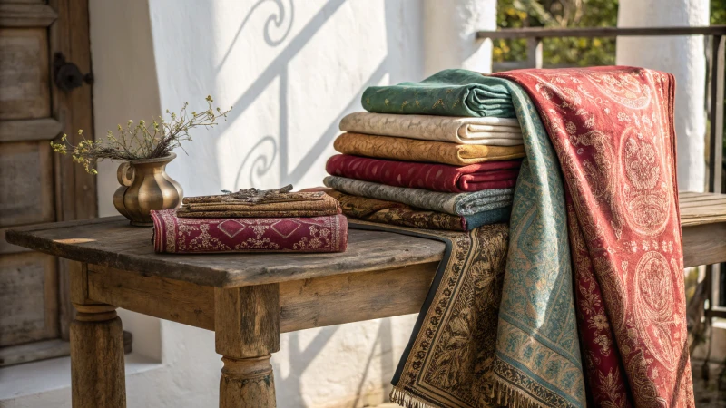A display of colorful imported fabrics on a wooden table