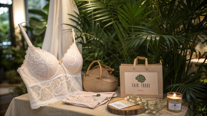 Elegant lingerie display with organic fabrics and plants