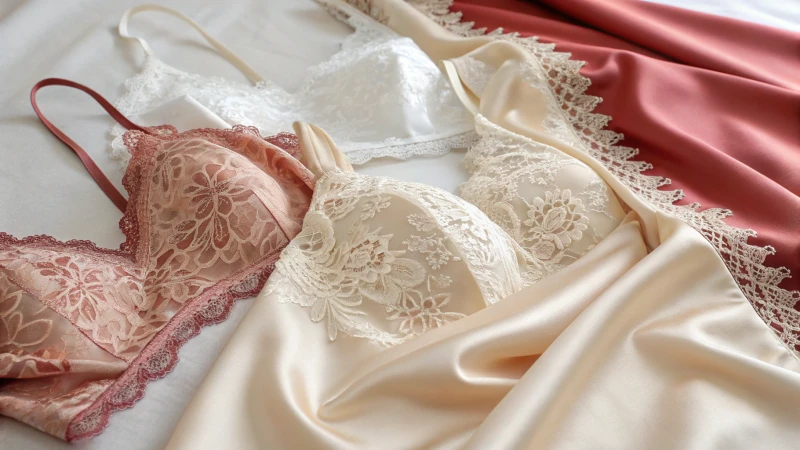 Close-up of luxurious lingerie fabrics including silk, lace, and satin