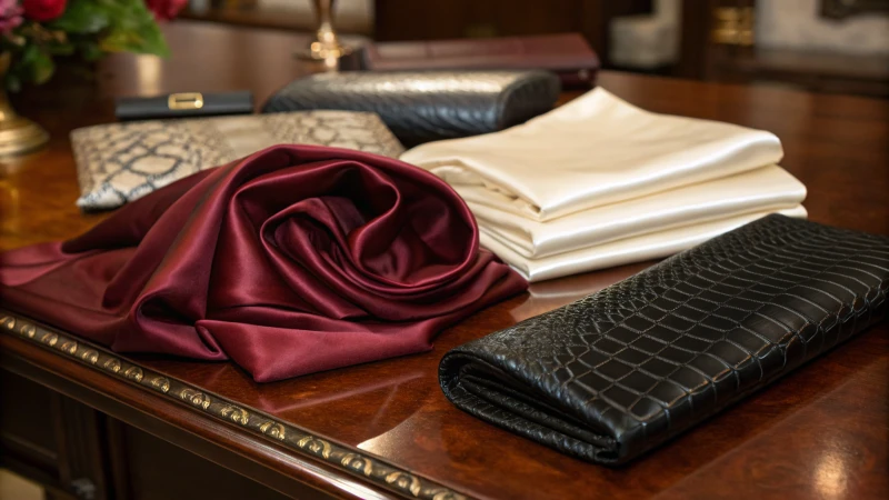 Close-up of luxurious fabrics on a wooden table