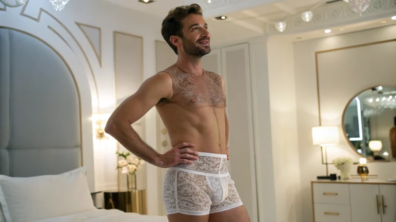 A man in lacy underwear standing confidently in a stylish bedroom