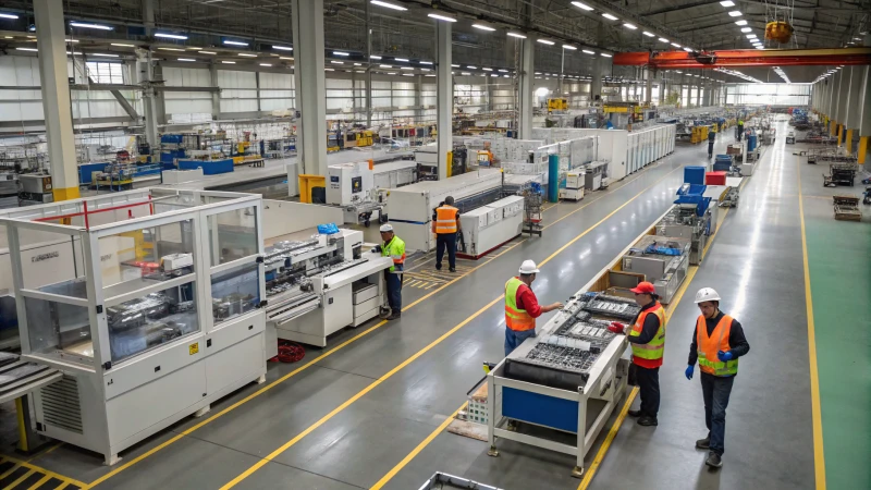 Large manufacturing facility with workers in safety gear