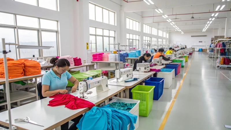 Workers sewing colorful fitness underwear in a bright manufacturing facility