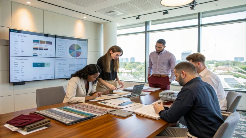 A diverse team in a professional meeting room examining fabric samples.