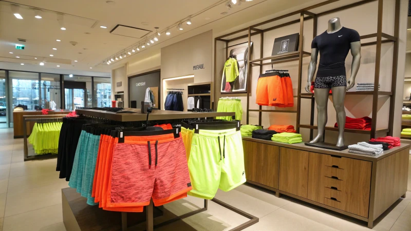 Vibrant display of men's athleisure underwear in a boutique