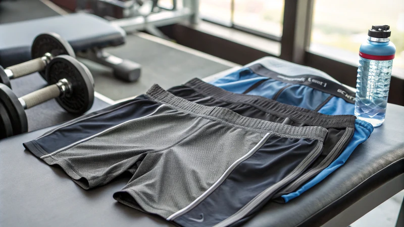 Close-up shot of men's athletic underwear on a gym bench