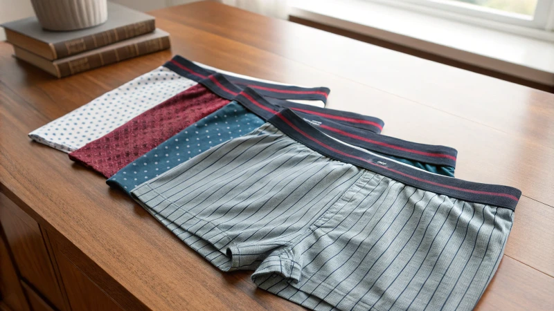 Collection of men's boxer briefs in various colors and patterns on a wooden surface