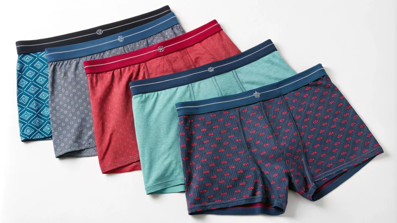 Organized display of men's boxer briefs in various colors and patterns