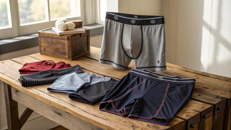 Various men's gym underwear options displayed on a rustic table