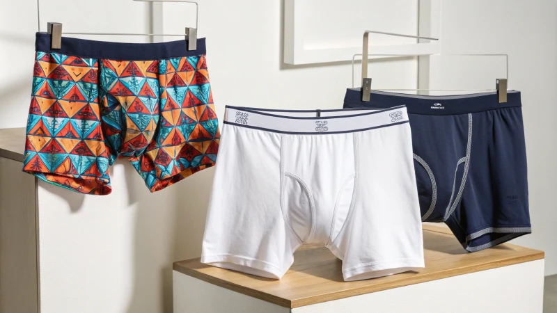 A clean display of men's underwear styles including boxer shorts, briefs, and boxer briefs.