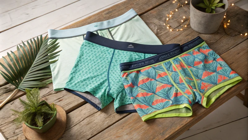 Stylish men's underwear displayed on a wooden table