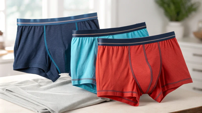 Three styles of men's underwear displayed on a blurred background