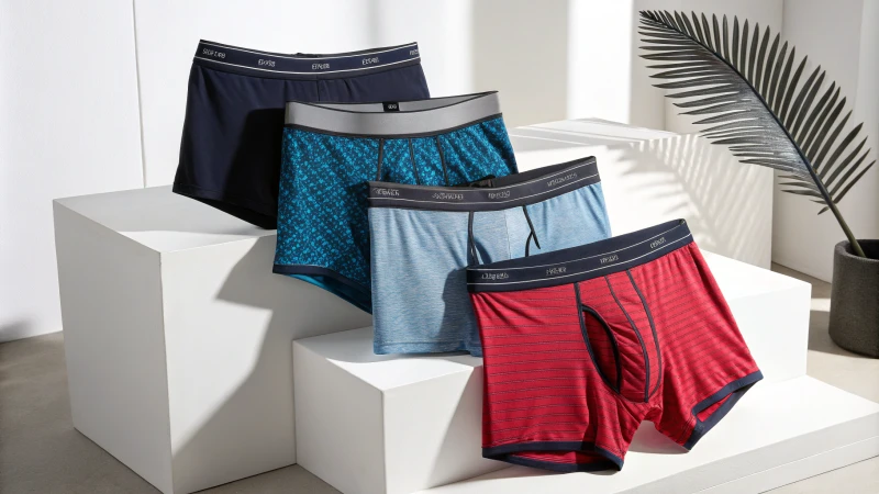 A modern display of men's underwear featuring boxer briefs, trunks, and classic briefs in innovative fabrics.