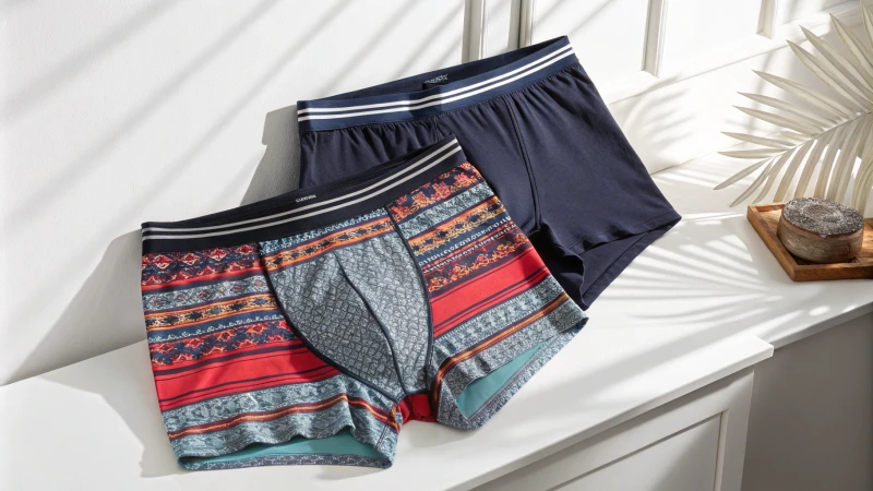 A neatly arranged selection of men's underwear including briefs and boxers