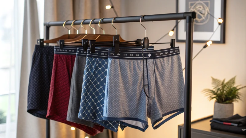 Men's Boxer Briefs Display A modern clothing rack with men's boxer briefs in various colors and patterns
