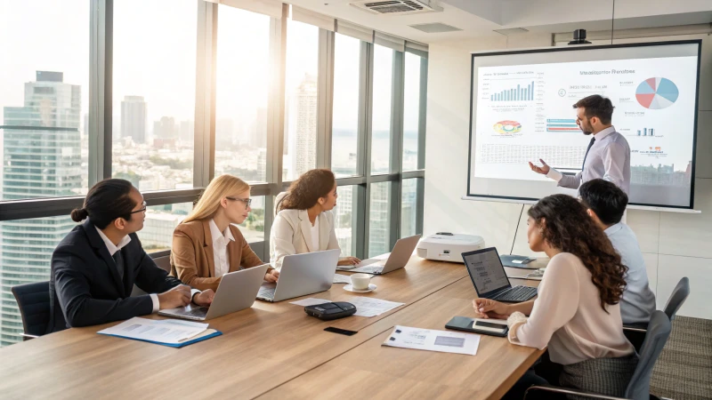 Diverse professionals in a conference room engaged in discussion