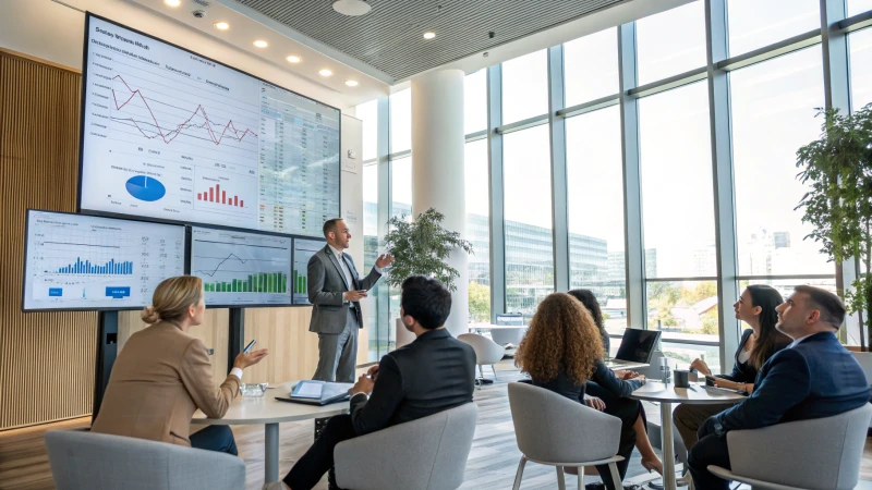A diverse group of professionals in a conference room discussing strategies.
