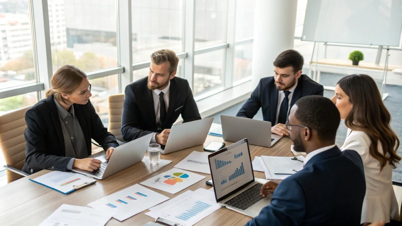 A diverse group of business professionals in a conference room discussing contracts