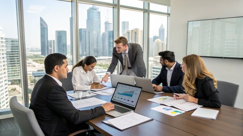 A diverse group of business professionals negotiating in a modern conference room