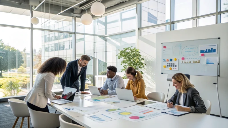 A diverse team collaborating in a modern conference room