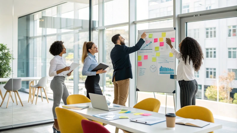 Diverse team in a conference room discussing product launch strategies