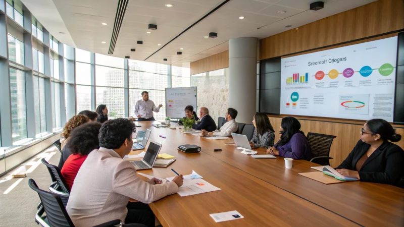 A modern conference room with professionals engaged in discussion