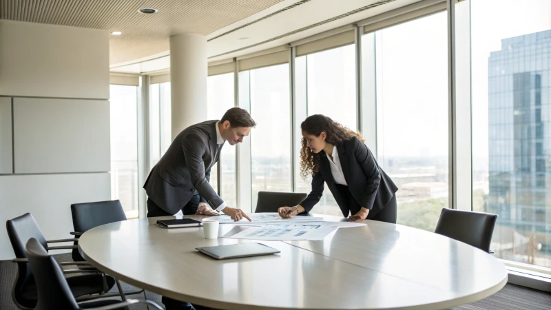 Two business professionals in a modern conference room