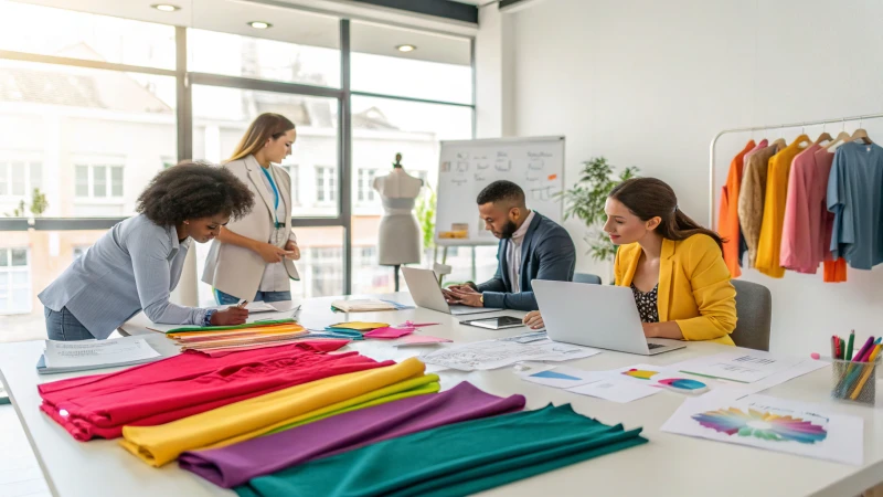 A diverse team discussing custom clothing manufacturing in a bright conference room.