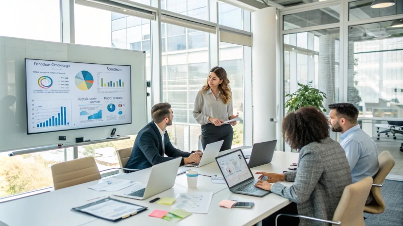 A modern conference room with diverse professionals discussing feedback.