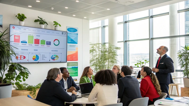 Diverse professionals in business attire discussing in a modern conference room