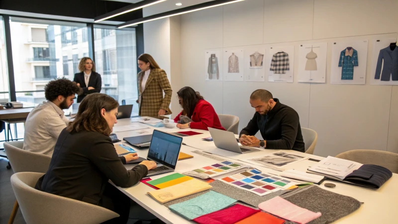 Diverse professionals in a conference room discussing custom apparel suppliers