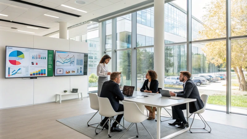 A diverse team discussing sustainability in a modern conference room