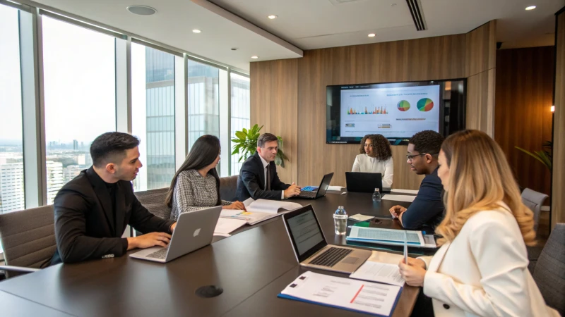 Diverse professionals in a corporate meeting room discussing strategies