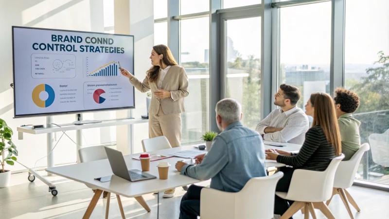 A modern corporate meeting room with diverse professionals discussing brand strategies.