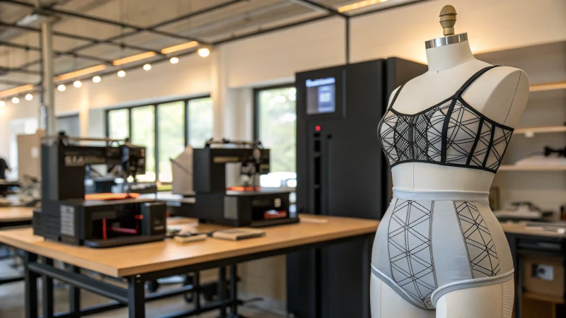 A modern design studio with a mannequin wearing 3D printed underwear