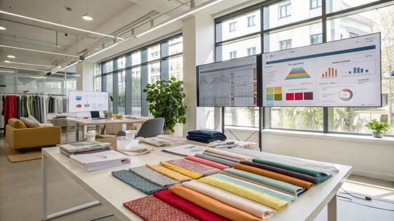 Modern design studio with fabric samples and digital screens