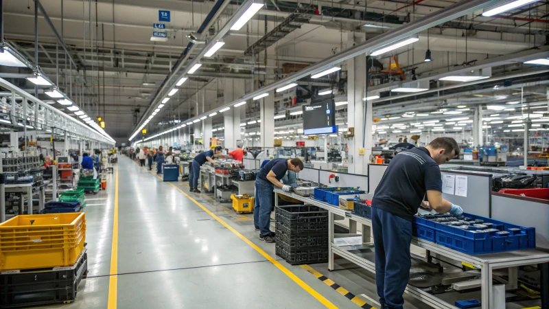 Workers assembling products in a modern factory