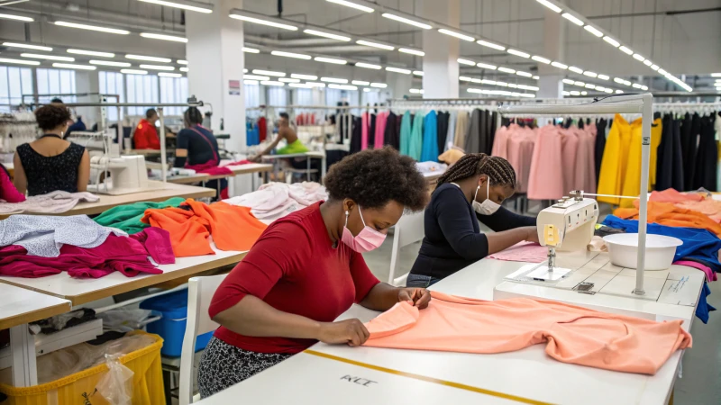 Seamstresses working on underwear prototypes in a bright workspace