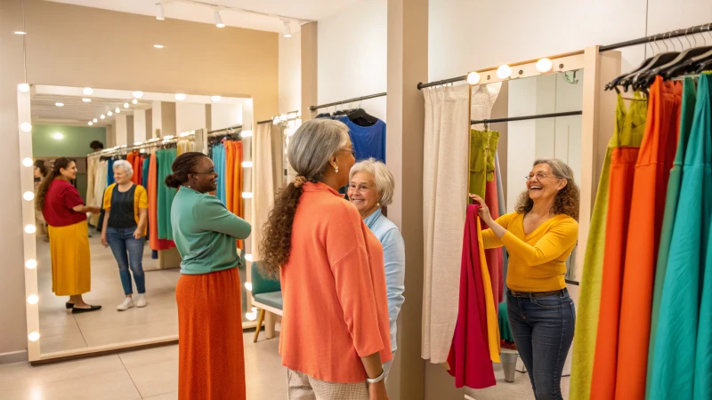 A diverse group trying on clothes in a bright fitting room