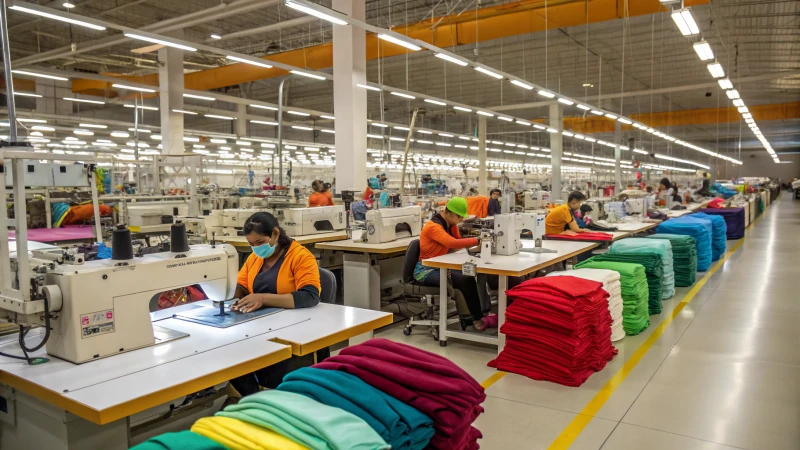 Interior of a garment manufacturing facility with workers sewing underwear