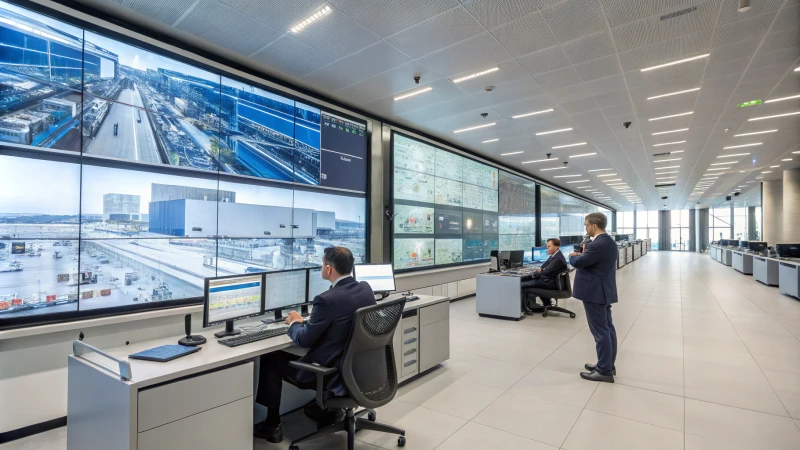 High-tech logistics control room with multiple screens and professionals monitoring data