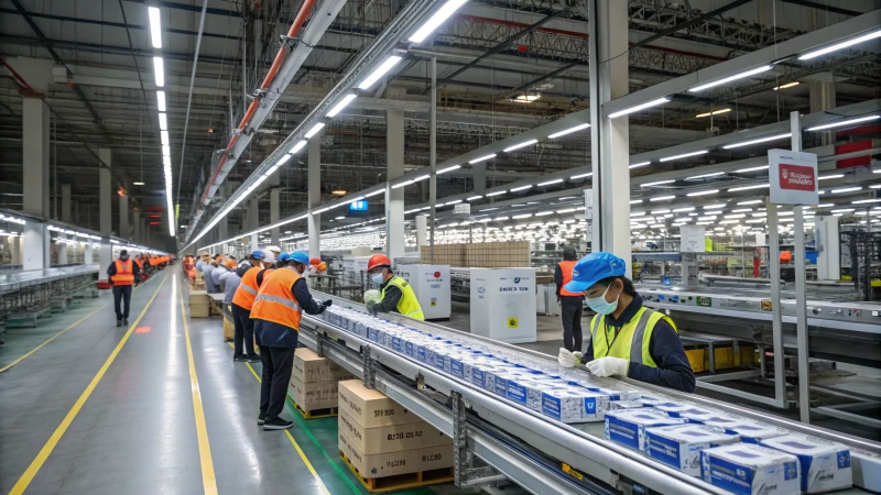 Interior of a modern factory with auditors inspecting machinery