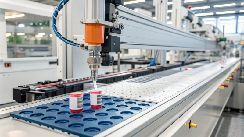 A modern manufacturing assembly line with a machine dispensing adhesive