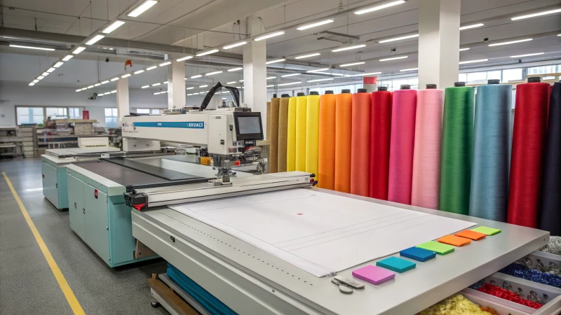 Interior of a modern manufacturing facility with cutting machines and fabric rolls